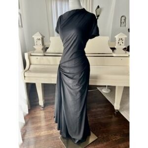Ruched Matte Jersey Maxi Cocktail Dress Side Slit (Size: 4-12)